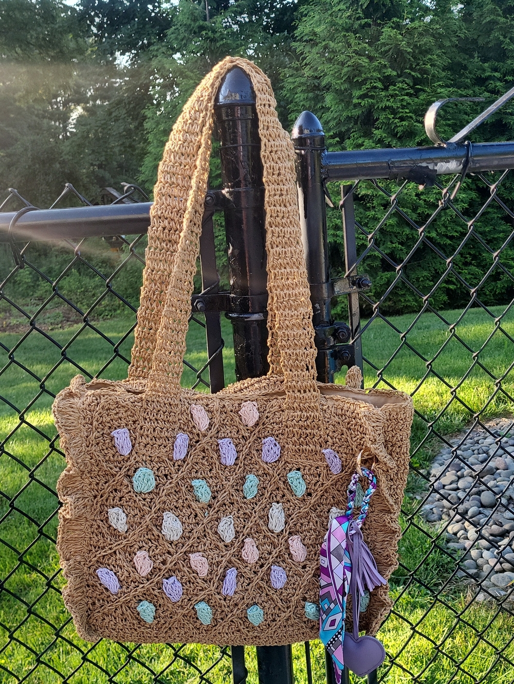 Handwoven Tan Crochet Tote with Pastel Accent Dots ( NWOT )